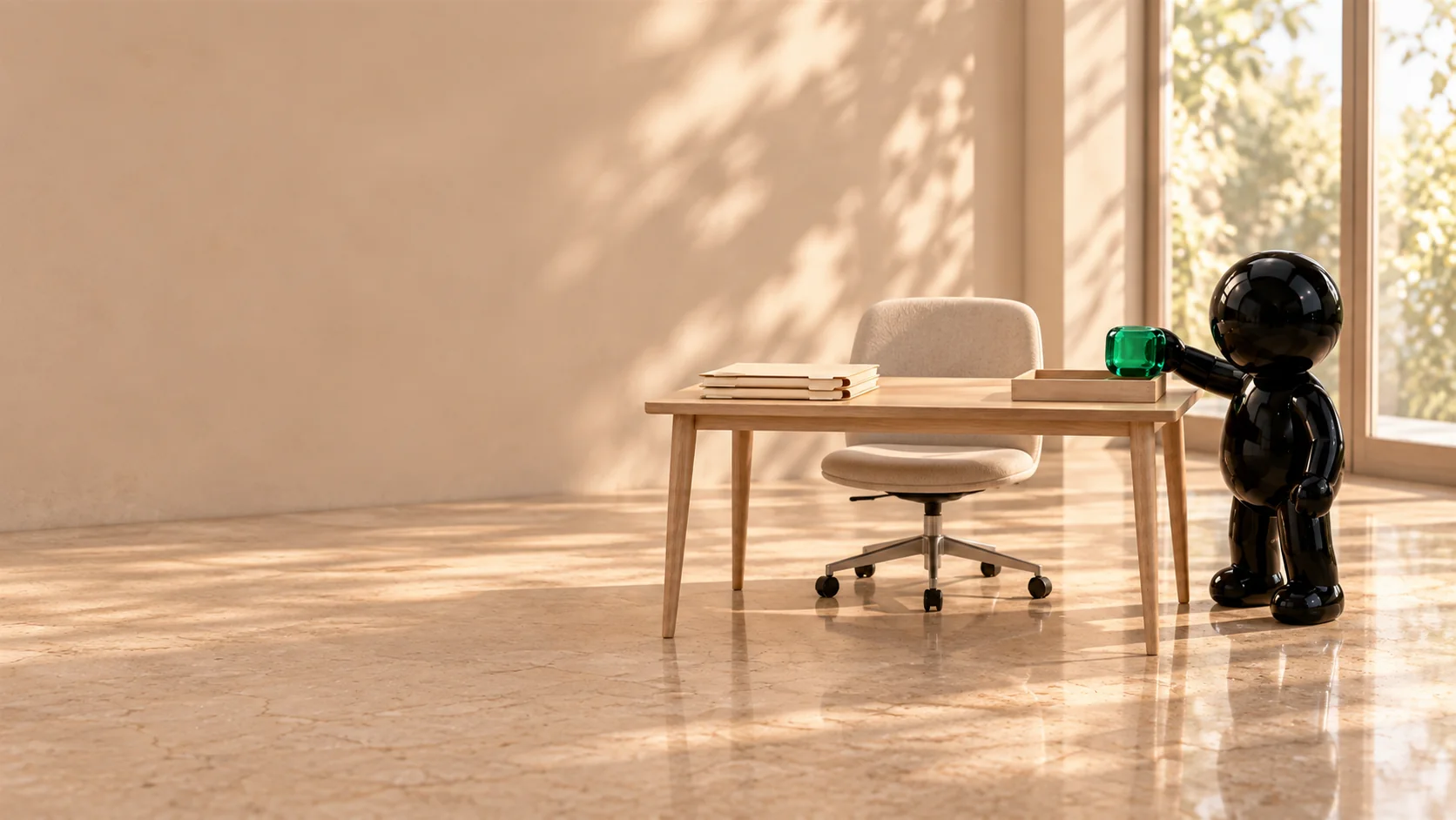 An Ink agent sets an emerald glass block into a wooden tray on a plain desk in a bright, quiet office.
