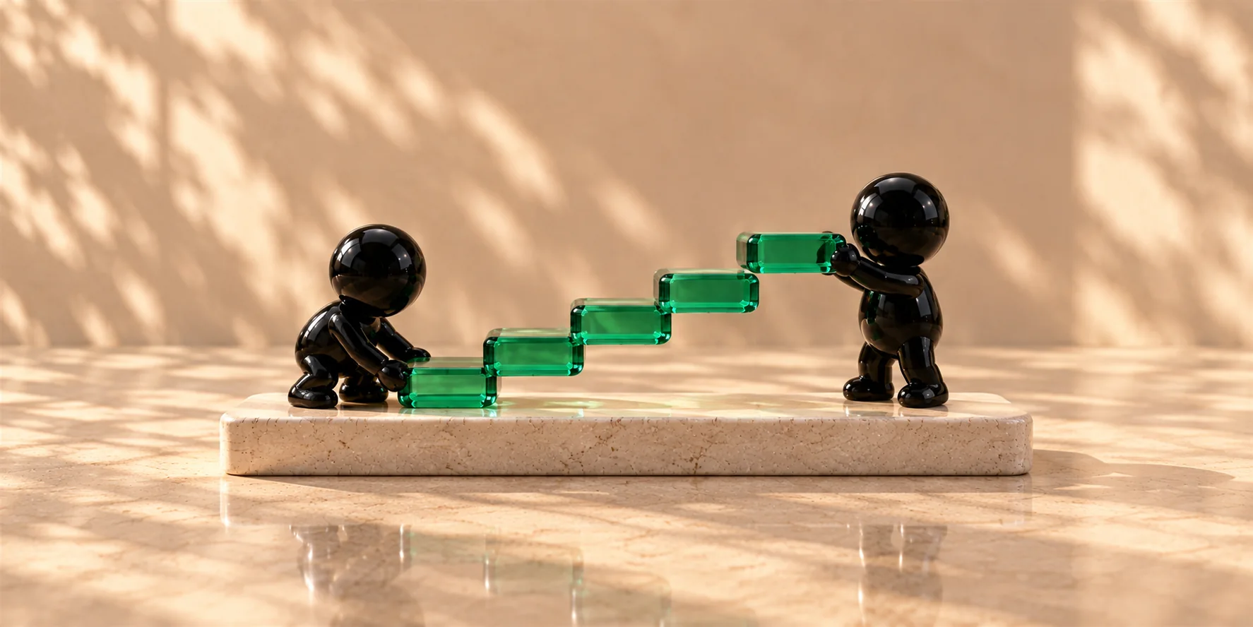 Two Ink agents build a staircase of five emerald glass steps on a stone slab, one steadying the lowest step while the other sets the highest.