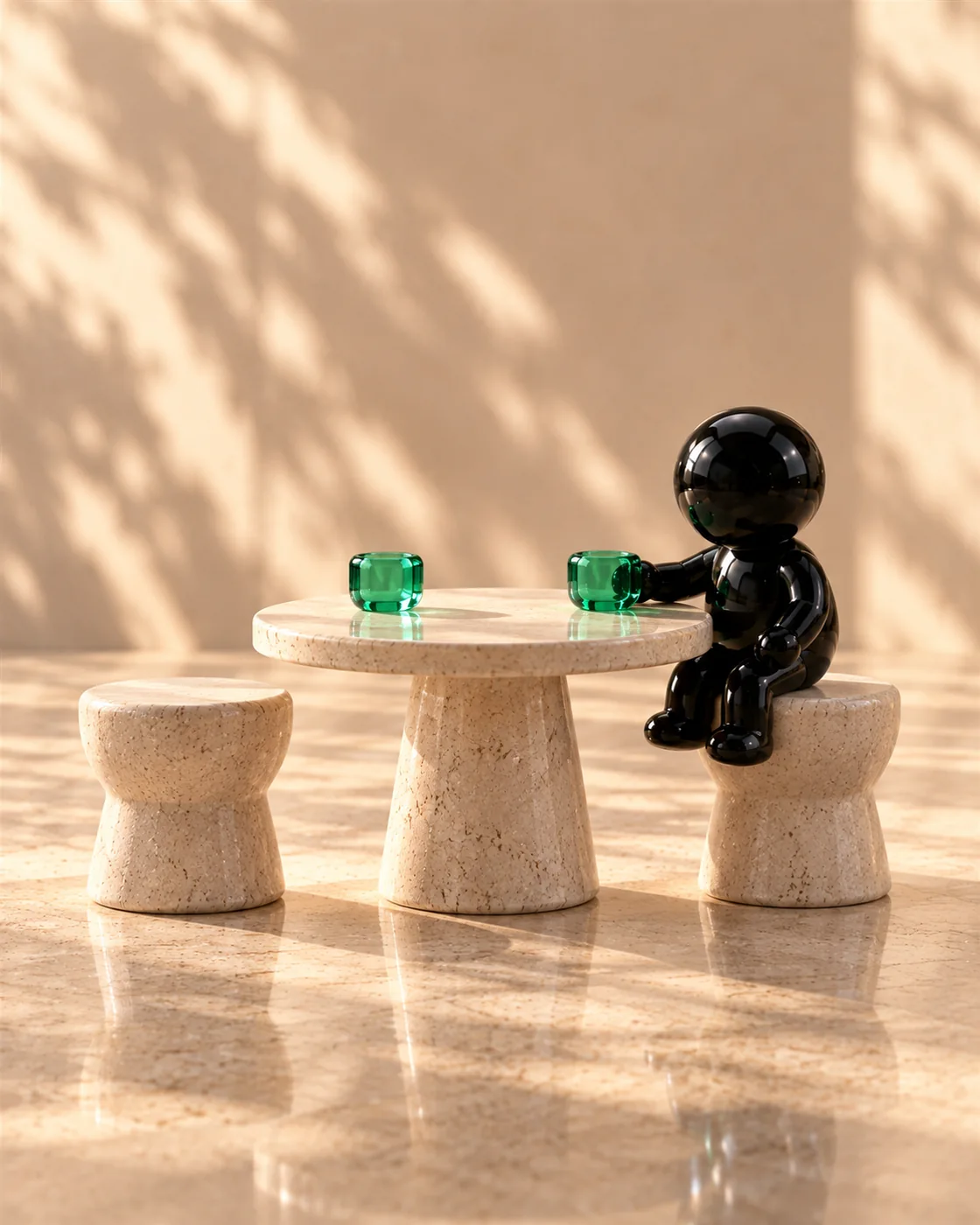 An Ink agent sits at a small stone table with two emerald glass cups, the empty stool across from it waiting for a guest.