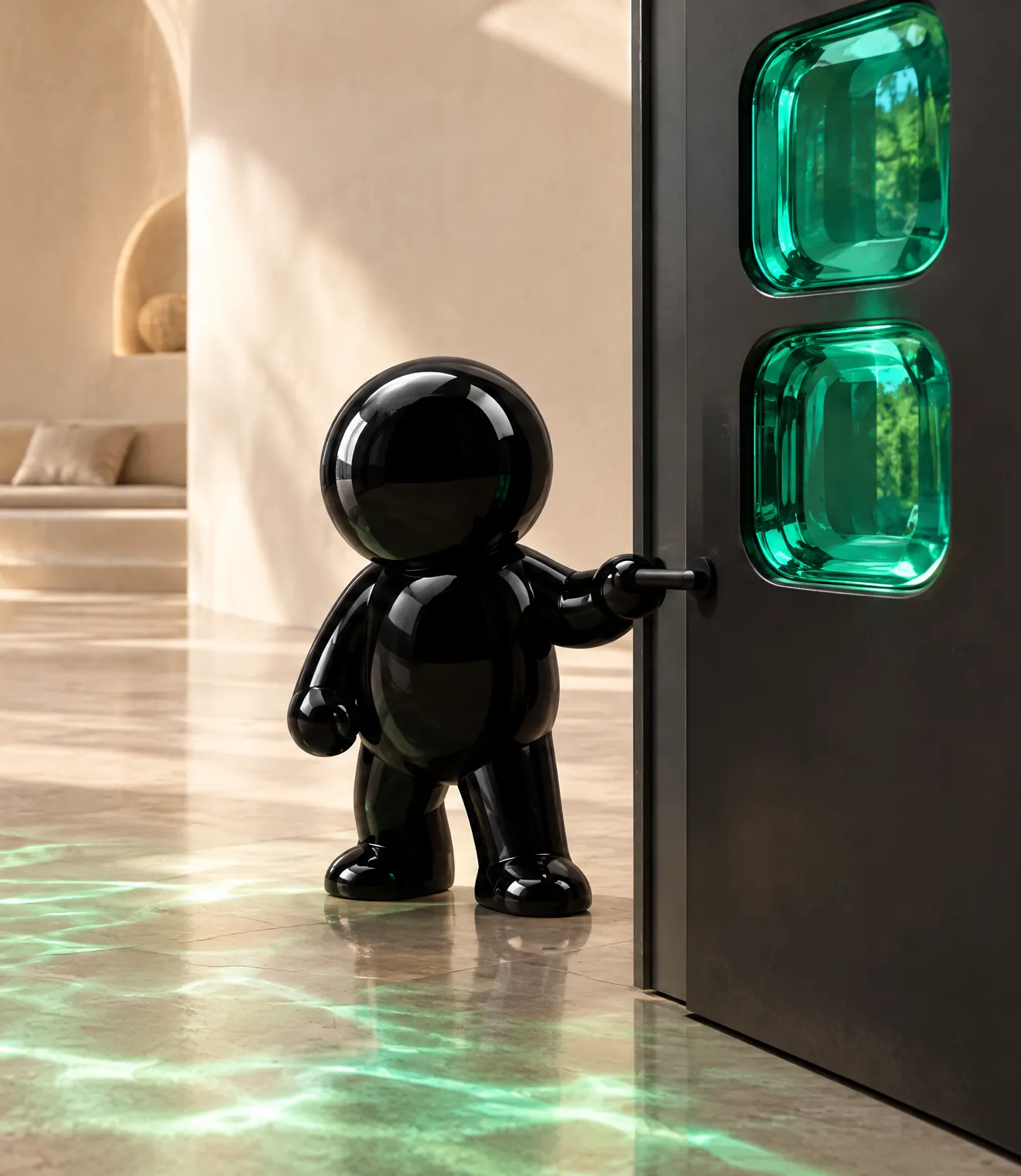 An Ink agent holds a door open onto a bright, open room, with two emerald panes set into the door.
