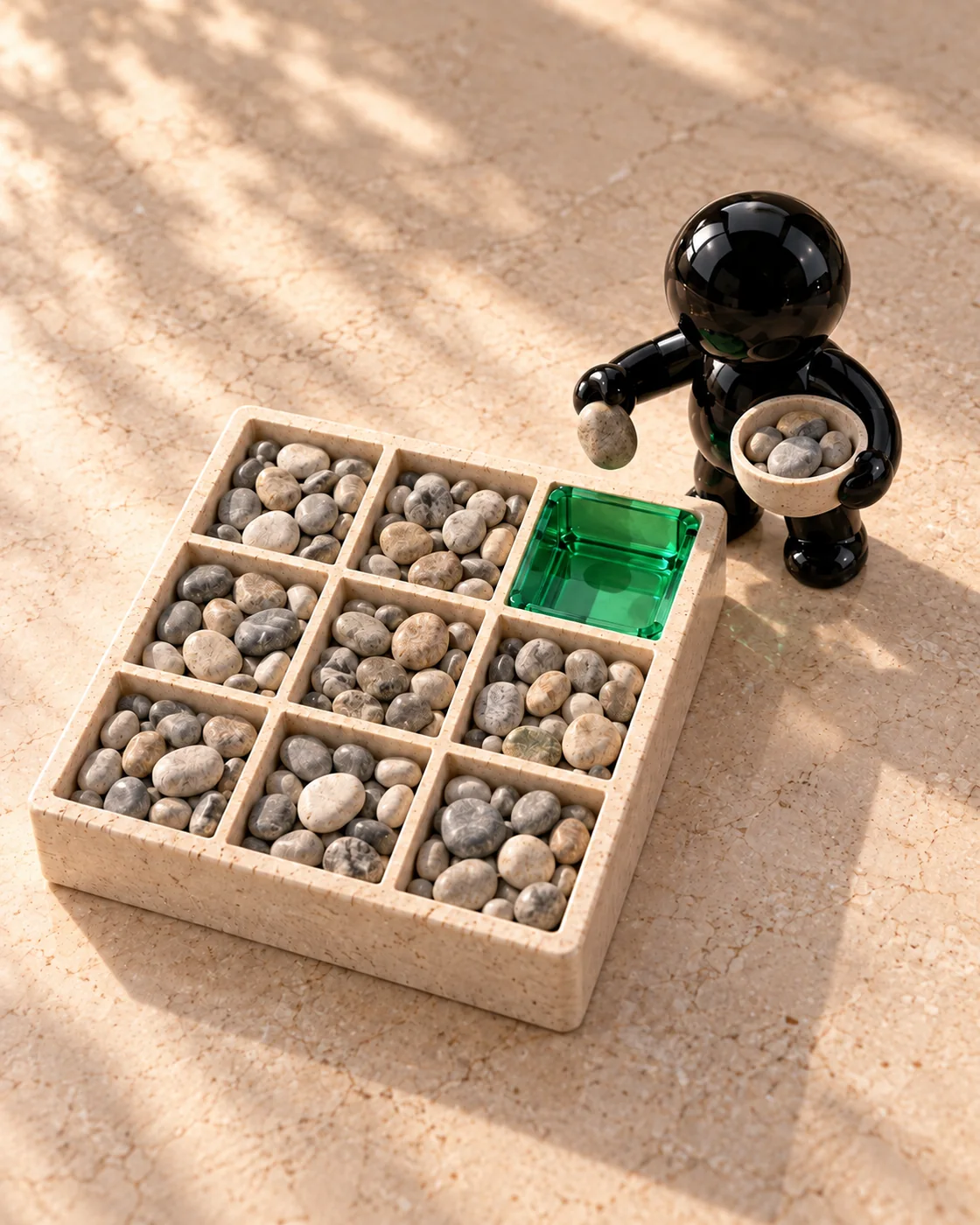 An Ink agent lifts the last pebbles out of one compartment in a stone box of nine, leaving it empty and lined with emerald glass.