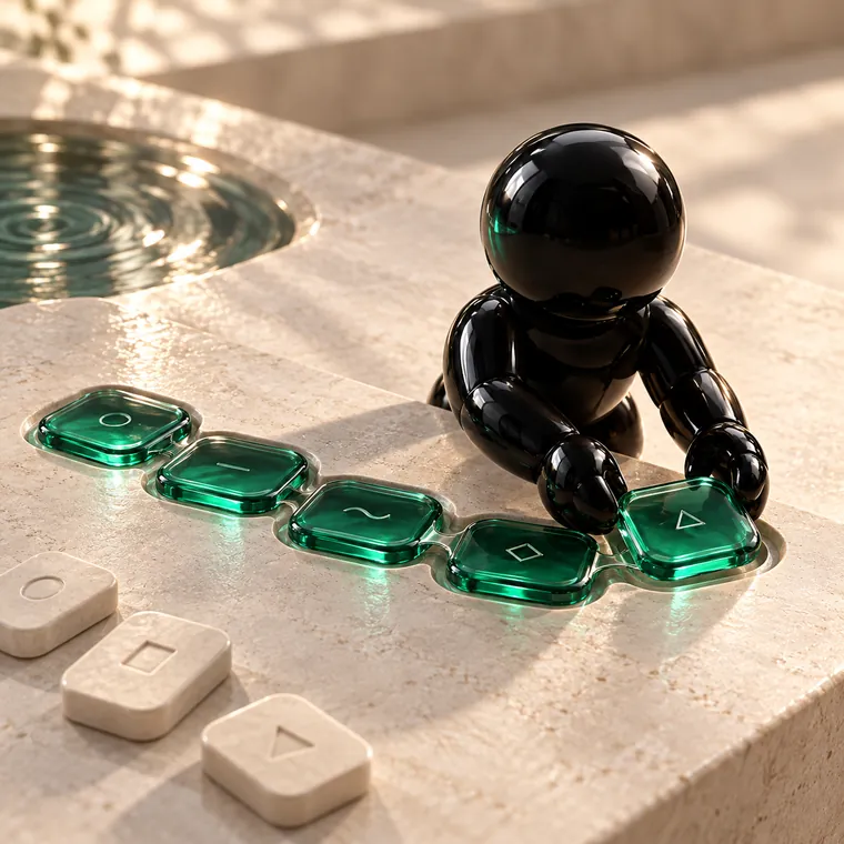 An Ink agent sets the last emerald tile into a neat sequence on a stone workbench.