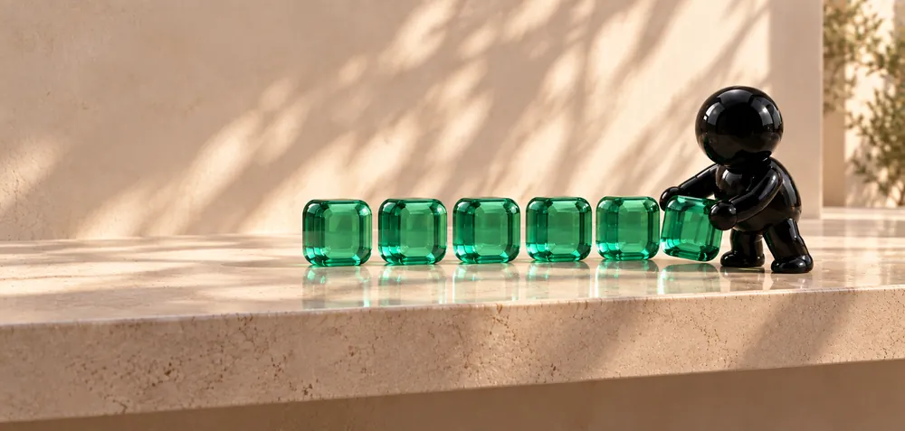 An Ink agent sets the last emerald block into a neat row of identical blocks on a long stone shelf.