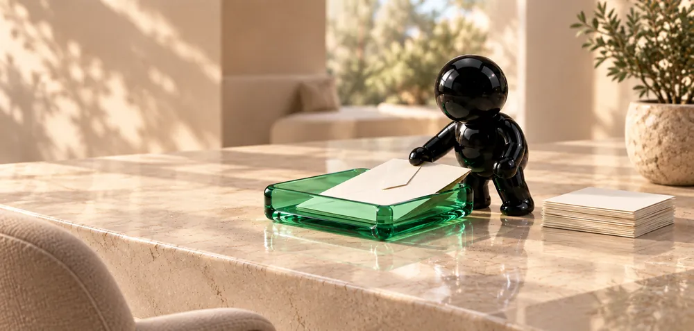 An Ink agent slides a sealed envelope into an emerald tray on a stone desk, beside a neat stack of notes.
