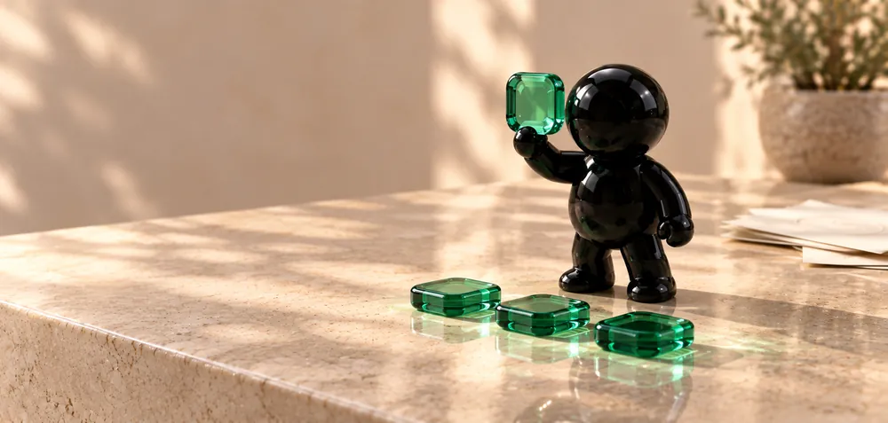An Ink agent holds a small emerald tile up to the light, with three more tiles laid out in a row on a stone table.